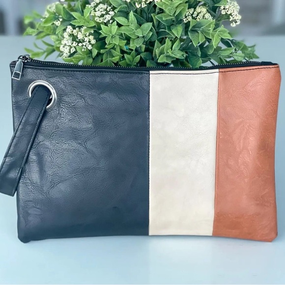 NWT Black Tan Cognac Colorblock Clutch Handbag 13" x 10" - Picture 1 of 1